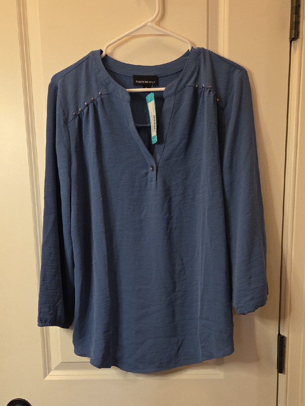 Fortue + Ivy Slate Blue Long Sleeve Mixed Media Blouse w/ Metallic Detail Sz L